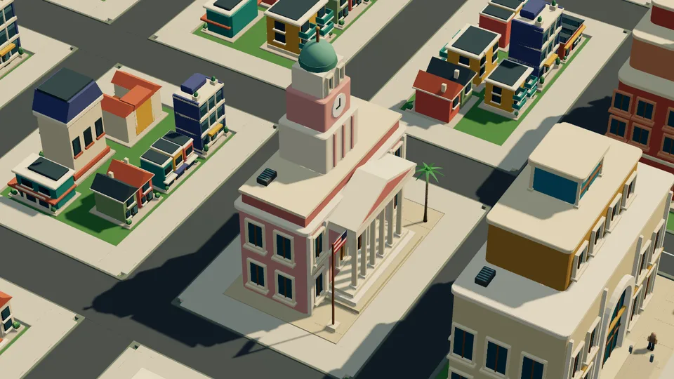 Blush pink deco city hall with a six-column cream portico, front steps, a stepped clock tower and a patina-green dome