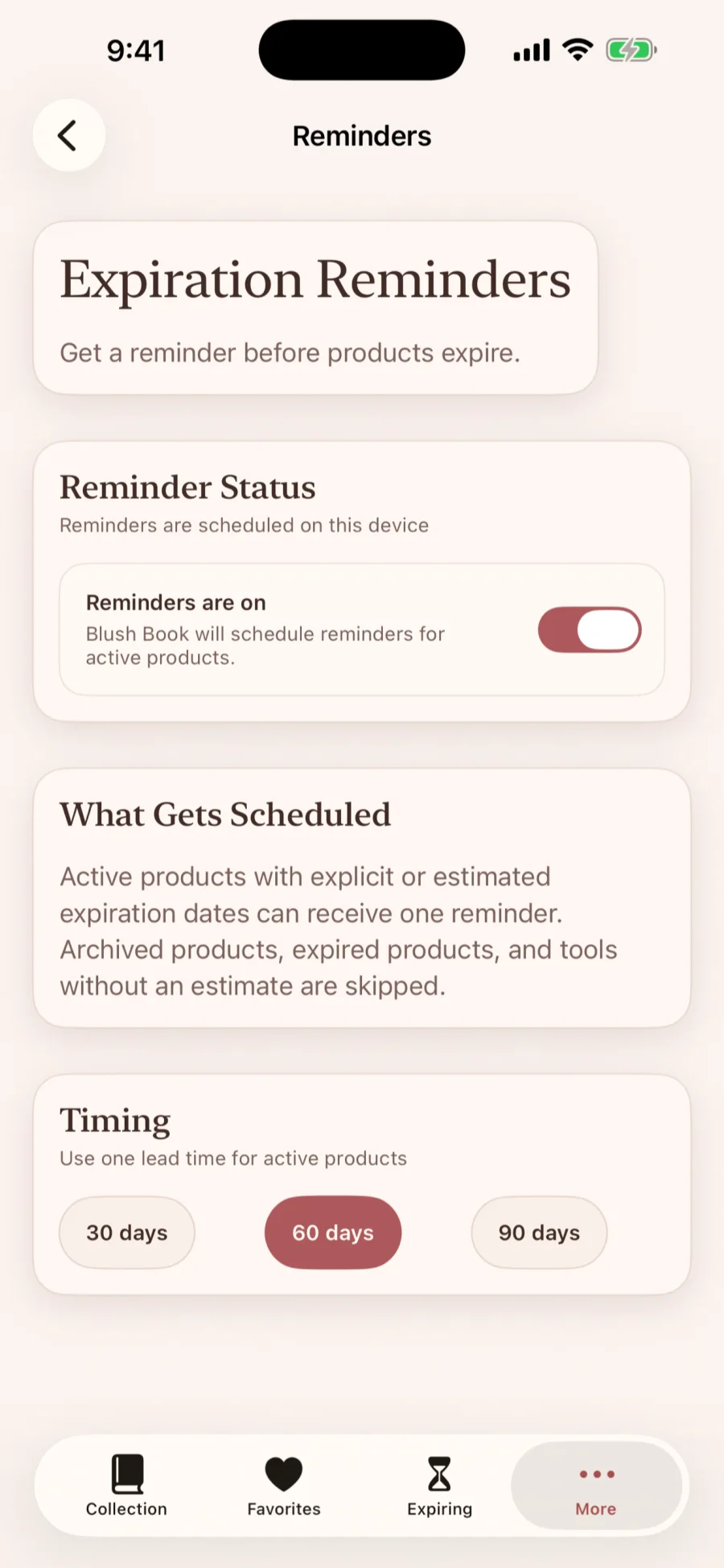 Blush Book expiration reminders screen