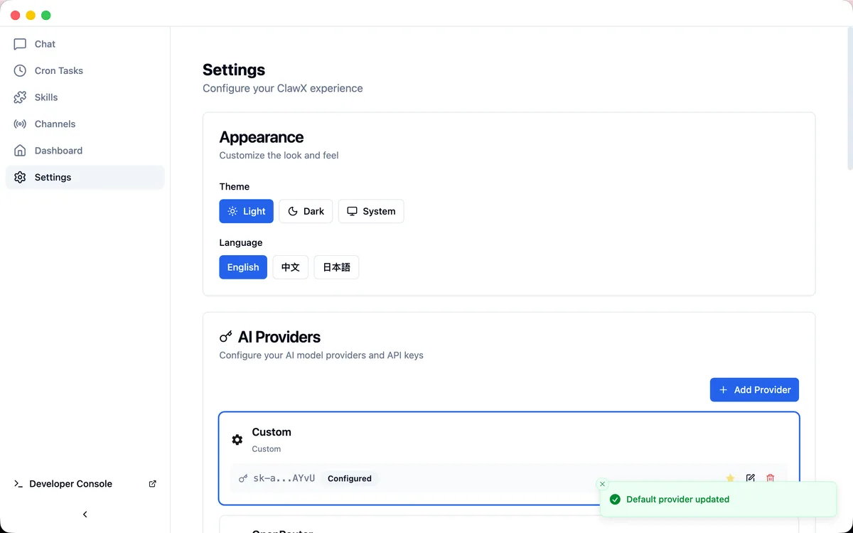 ClawX settings screenshot