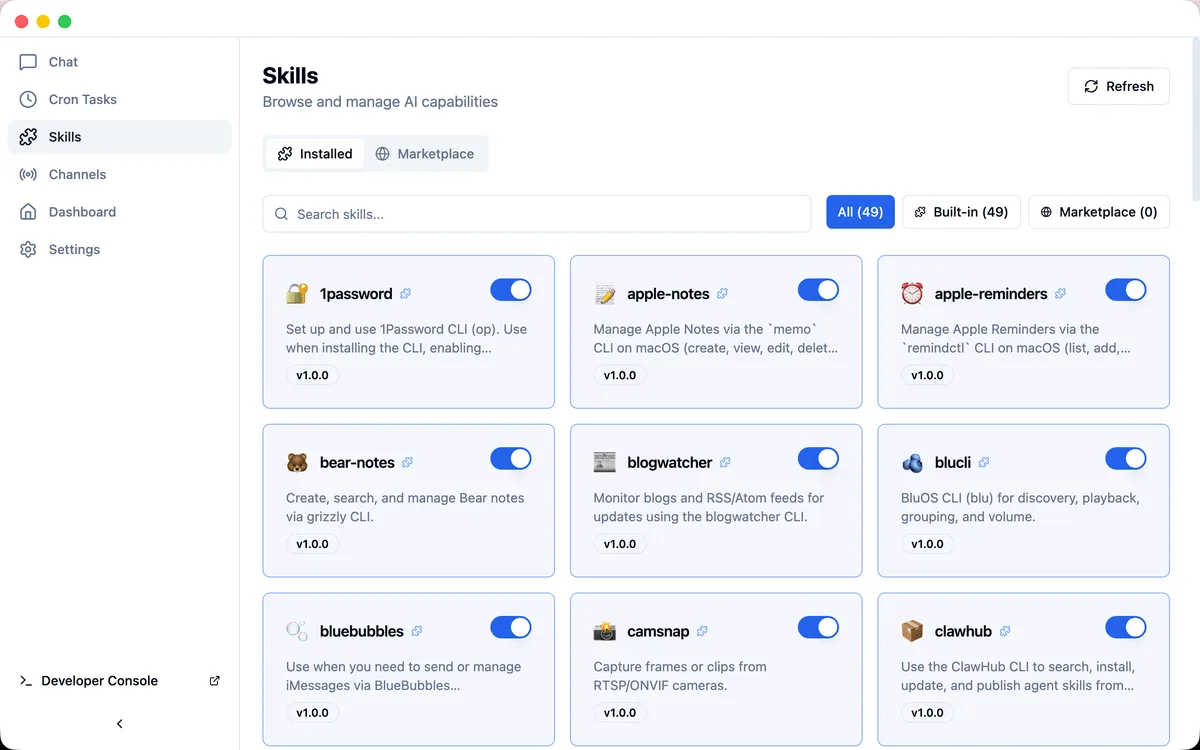 ClawX skills interface screenshot