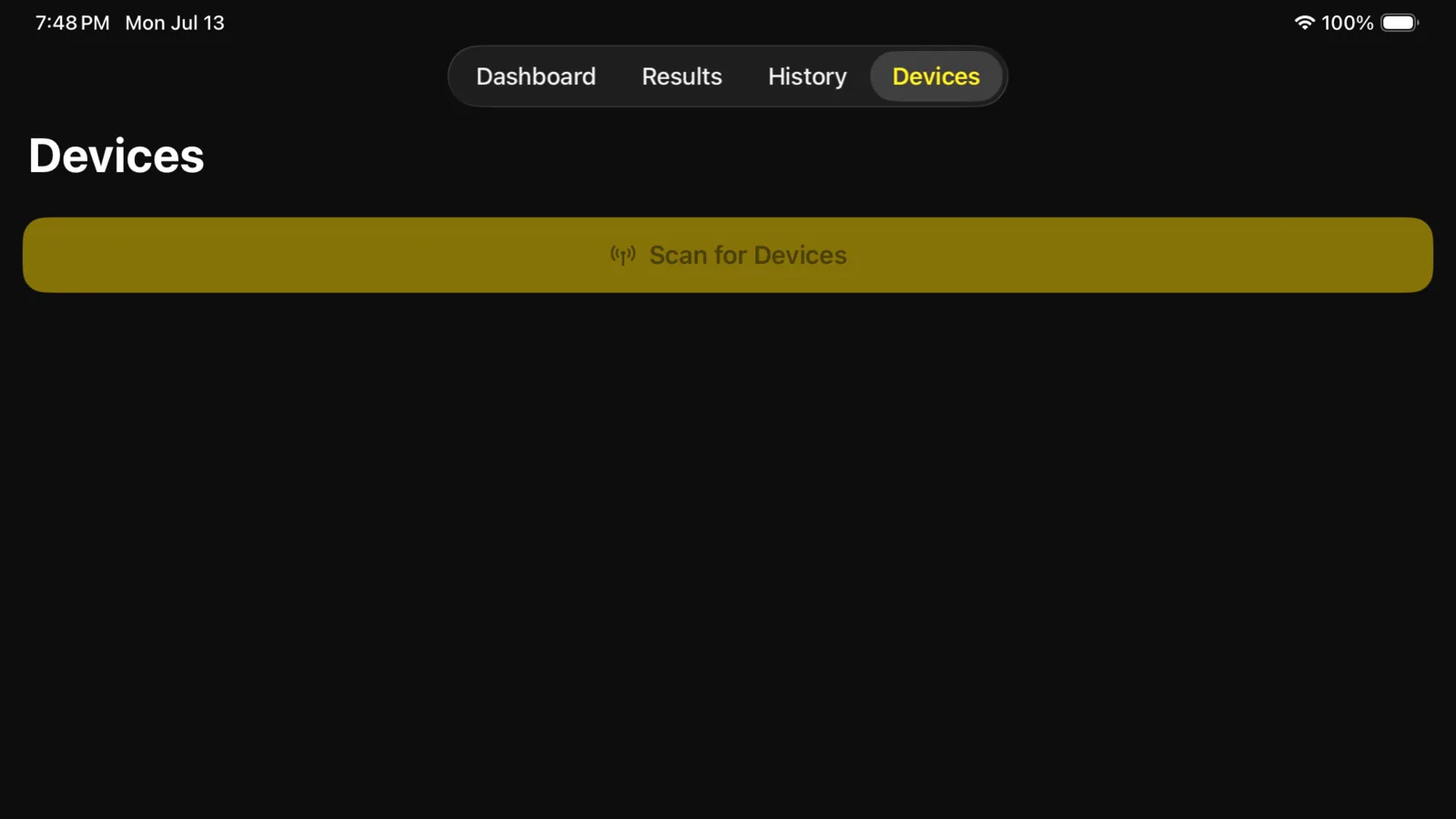 GripStrength Devices screen running in the iPad simulator