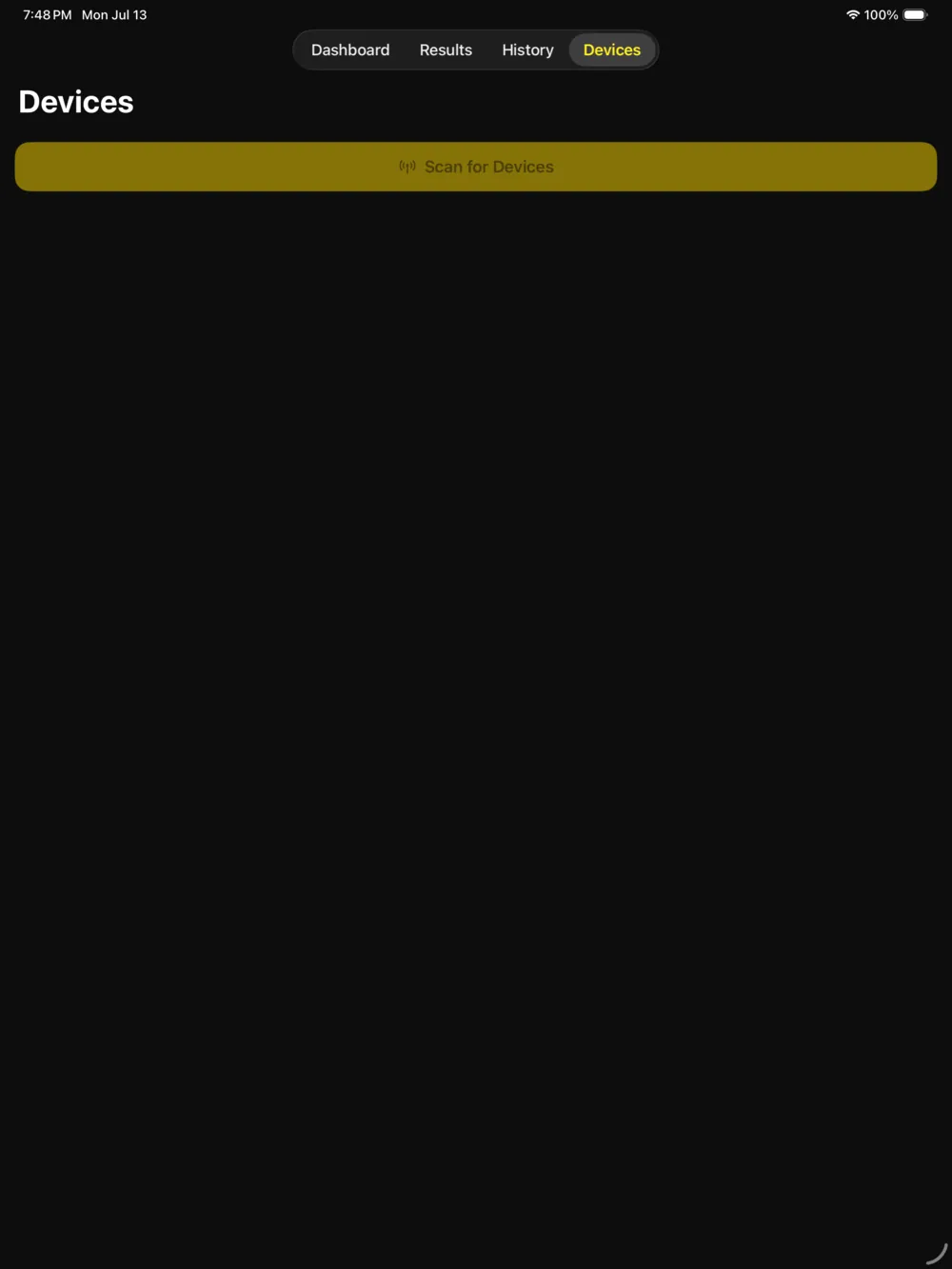 GripStrength Bluetooth Devices screen in the iPad simulator
