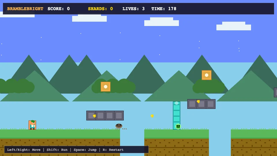 Opening scene of the Kip and the Sunshards browser platformer benchmark showing the start area with collectible shards