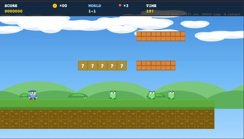Qwen3.8 27B platformer build after movement input, showing the player on the grass with question blocks, brick platforms and three enemies ahead