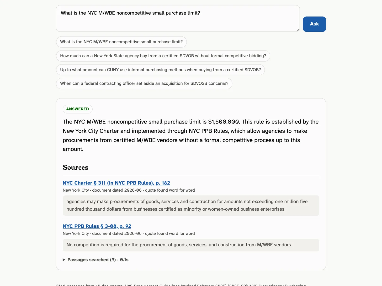 Answer of $1,500,000 for the NYC M/WBE noncompetitive small purchase limit, citing the Charter and the PPB Rules