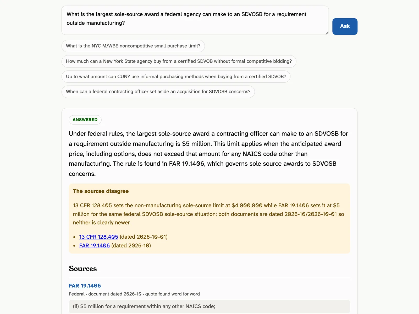 Answer about the federal SDVOSB sole-source cap with a warning that FAR and SBA rules differ