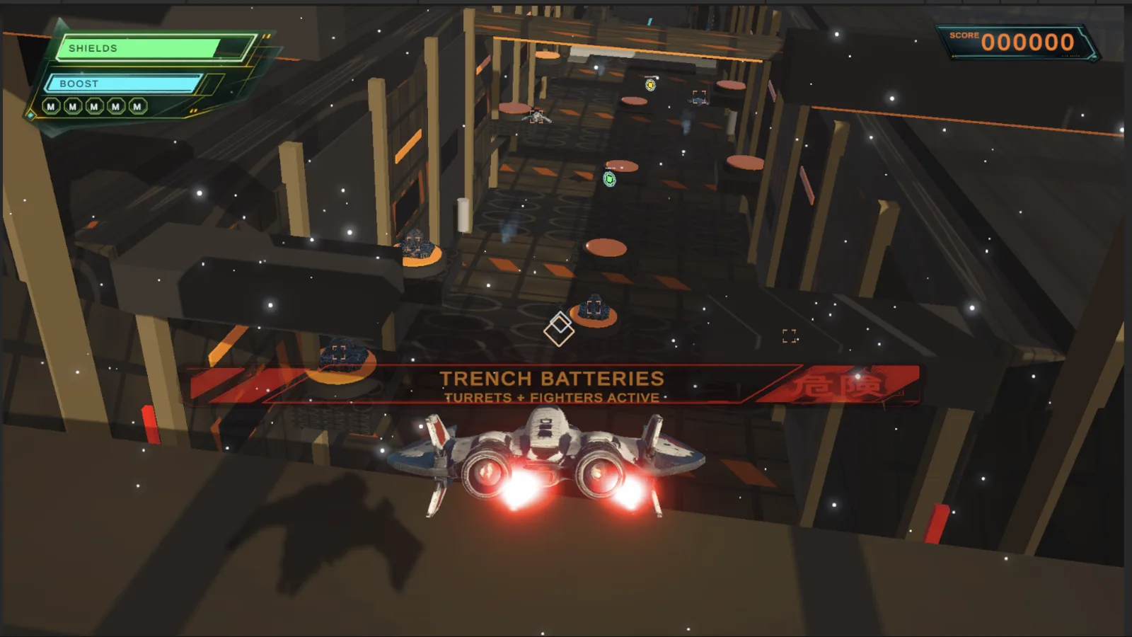 Rail Flyer Template ship entering a trench encounter with enemies and a warning banner