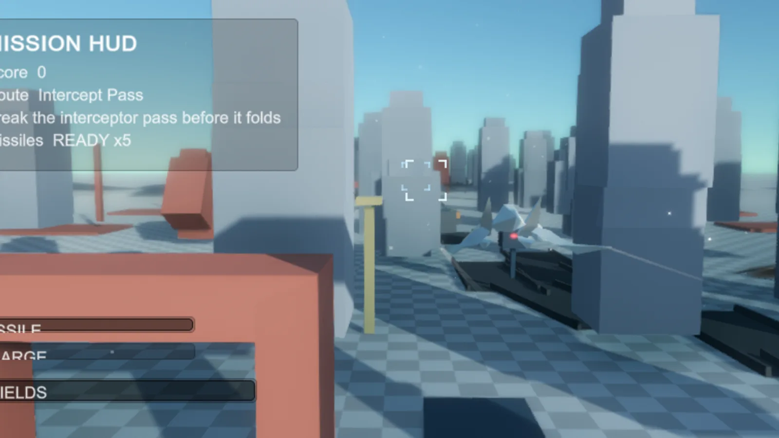 Current Skyrift Unity graybox playtest with a mission HUD