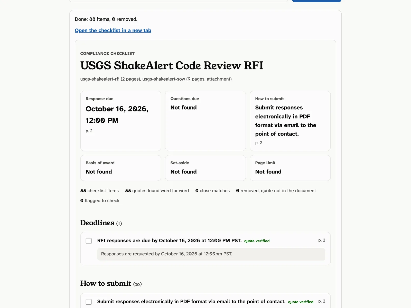 Finished checklist for a USGS RFI with the response deadline and submission method