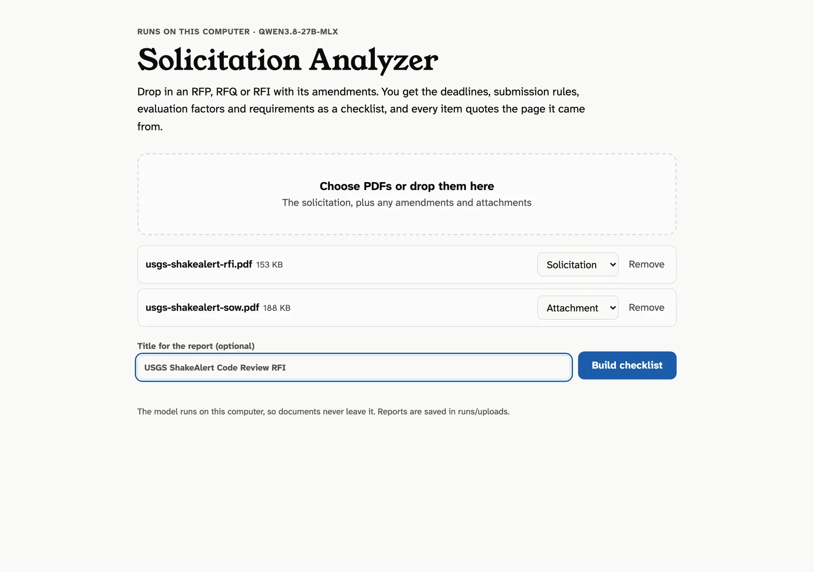 Local web page with a solicitation PDF and its statement of work selected