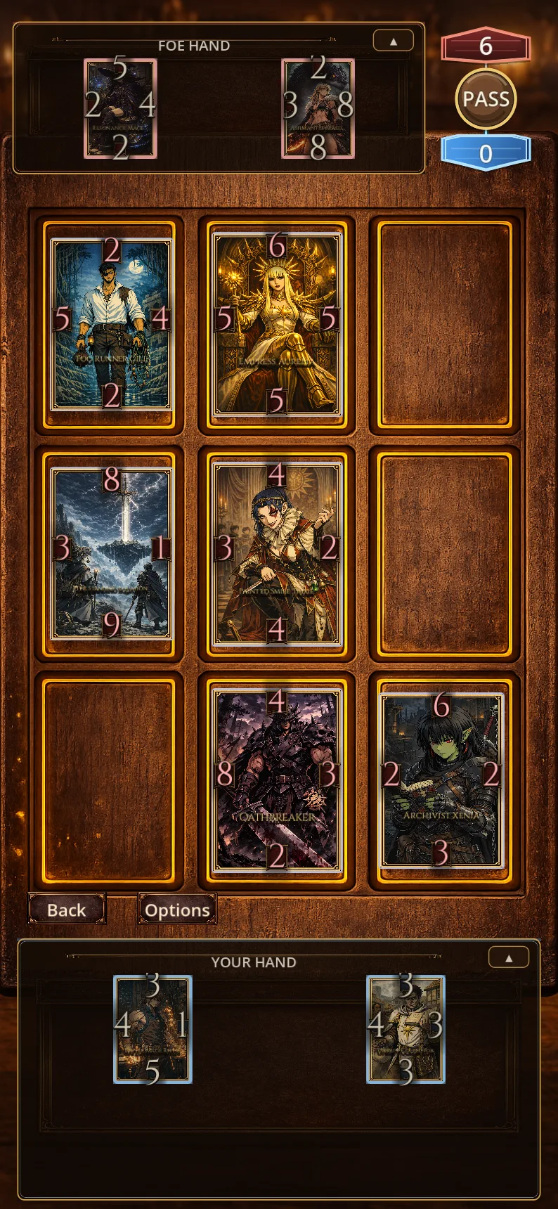 Full portrait view of the Treason tactical match board with both illustrated hands