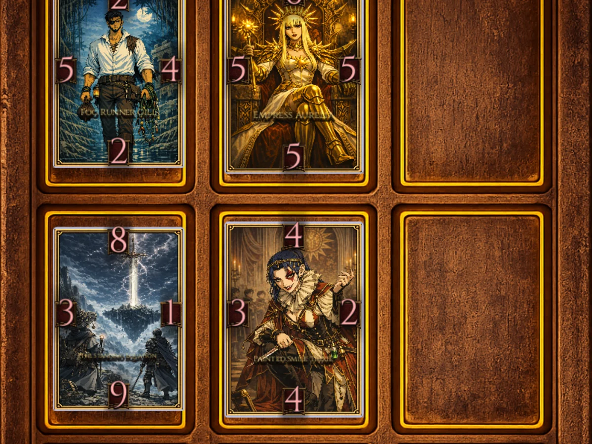 Treason tactical board with four illustrated cards occupying the upper and middle rows