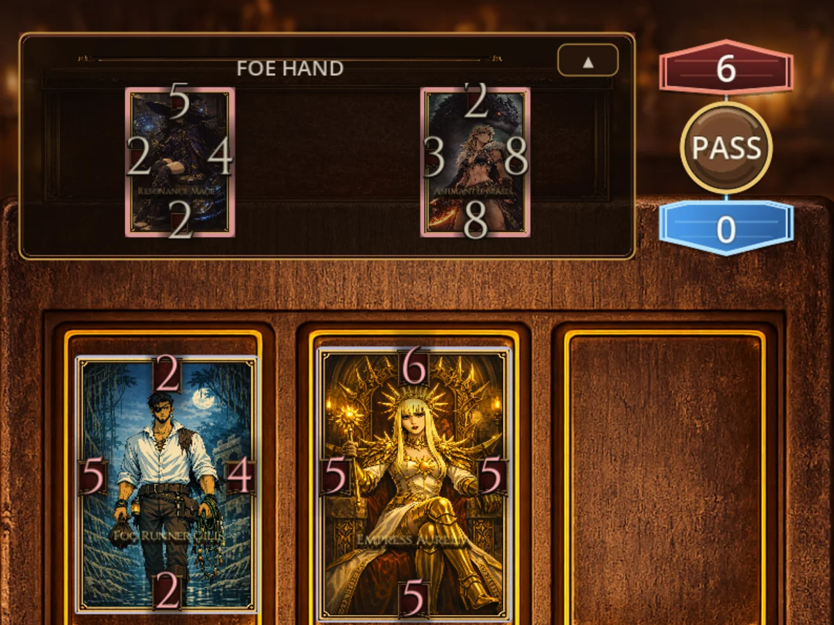 Upper half of the Treason match board showing the opponent hand and first tactical row