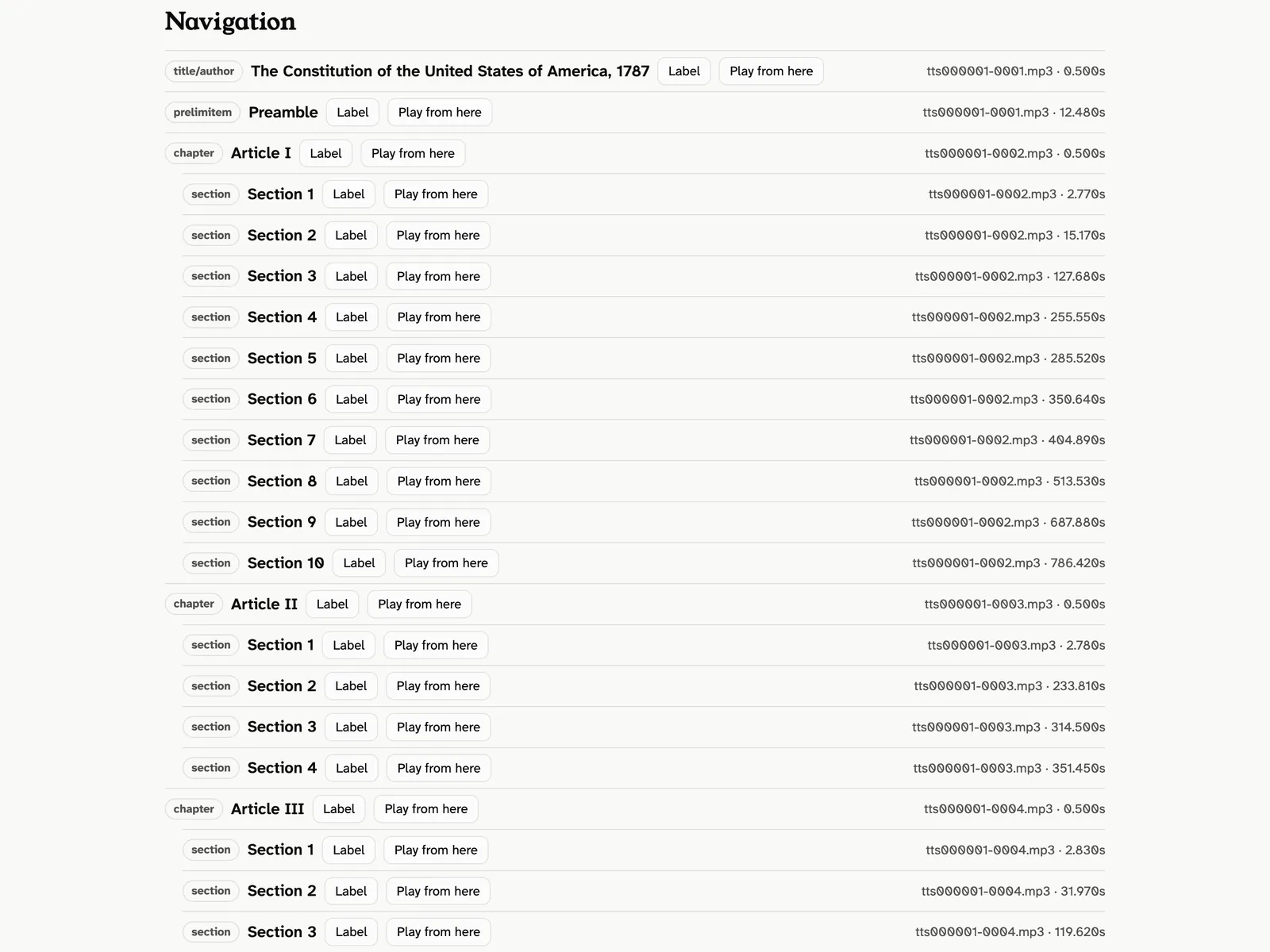 Navigation tree with Label and Play from here buttons for each article and section