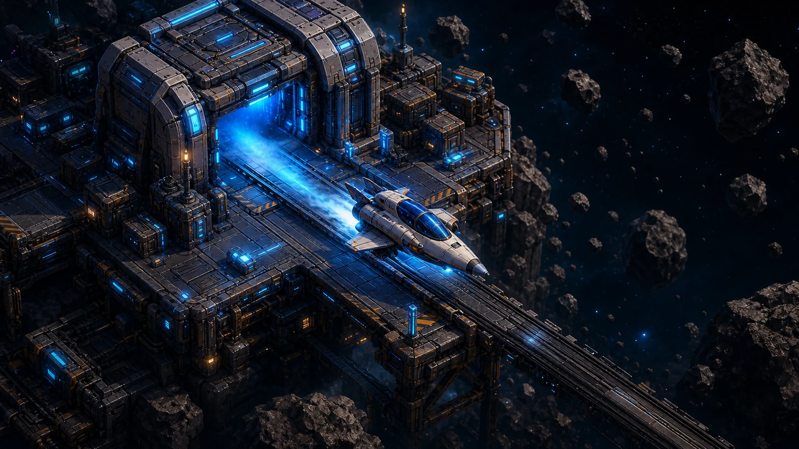Blue-lit sci-fi hangar launching a spacecraft into an asteroid field